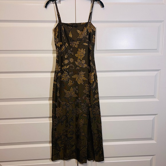 Dress Forum Dresses & Skirts - Dress Forum Brown Gold Floral Print Spaghetti Strap Midi Dress, Women's Size S